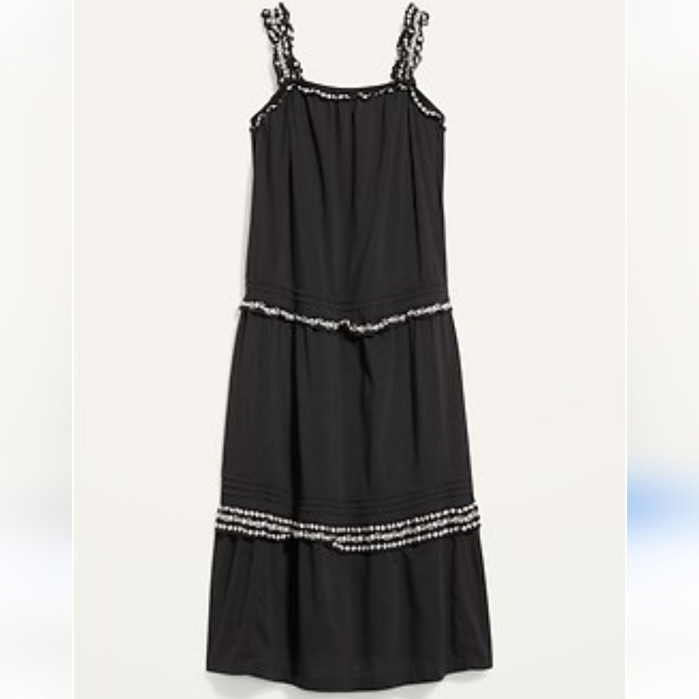 Old Navy Sleeveless Ruffle-Neck Midi Swing Dress Black White Embroidery Size L